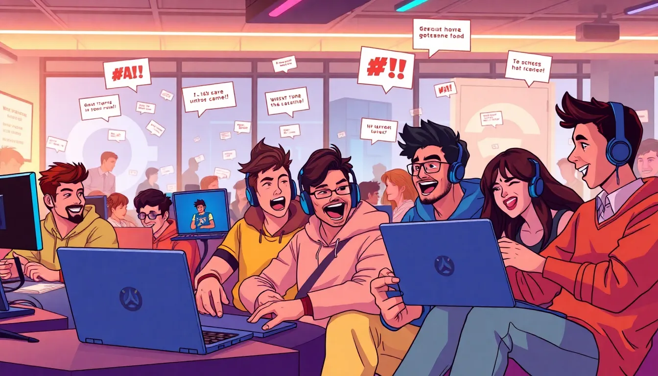 diverse gamers creating Overwatch memes in a modern lounge.