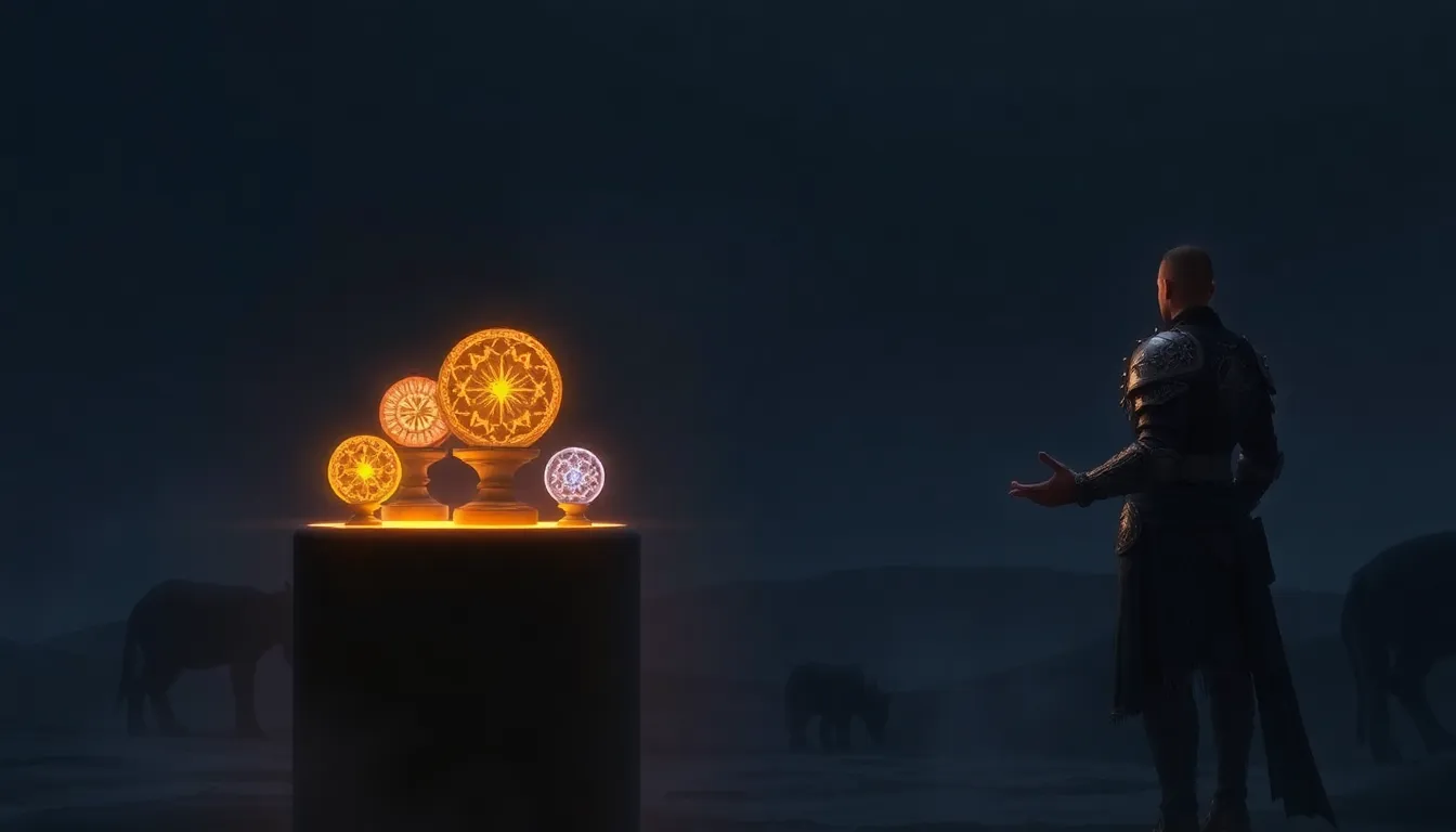 glowing Remembrances from Elden Ring on a pedestal in a dark landscape.