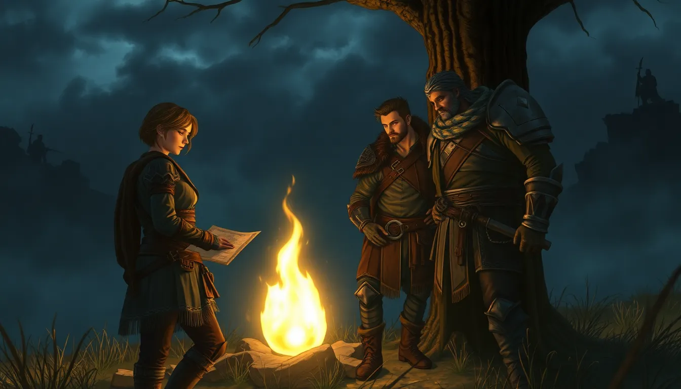 diverse adventurers gathered around a glowing Grace in a dark, stormy setting.