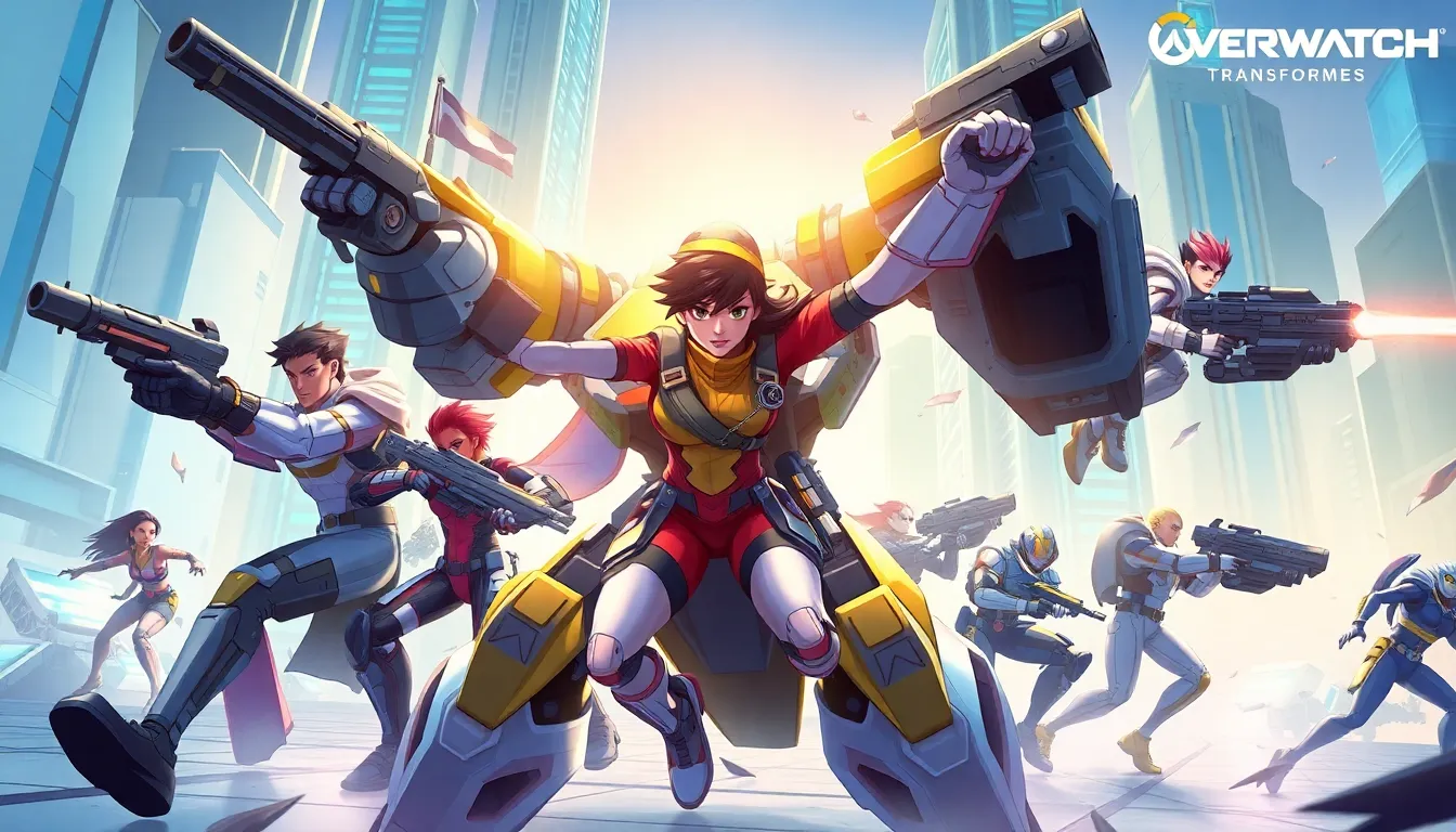 Overwatch heroes transforming in a high-tech battlefield.