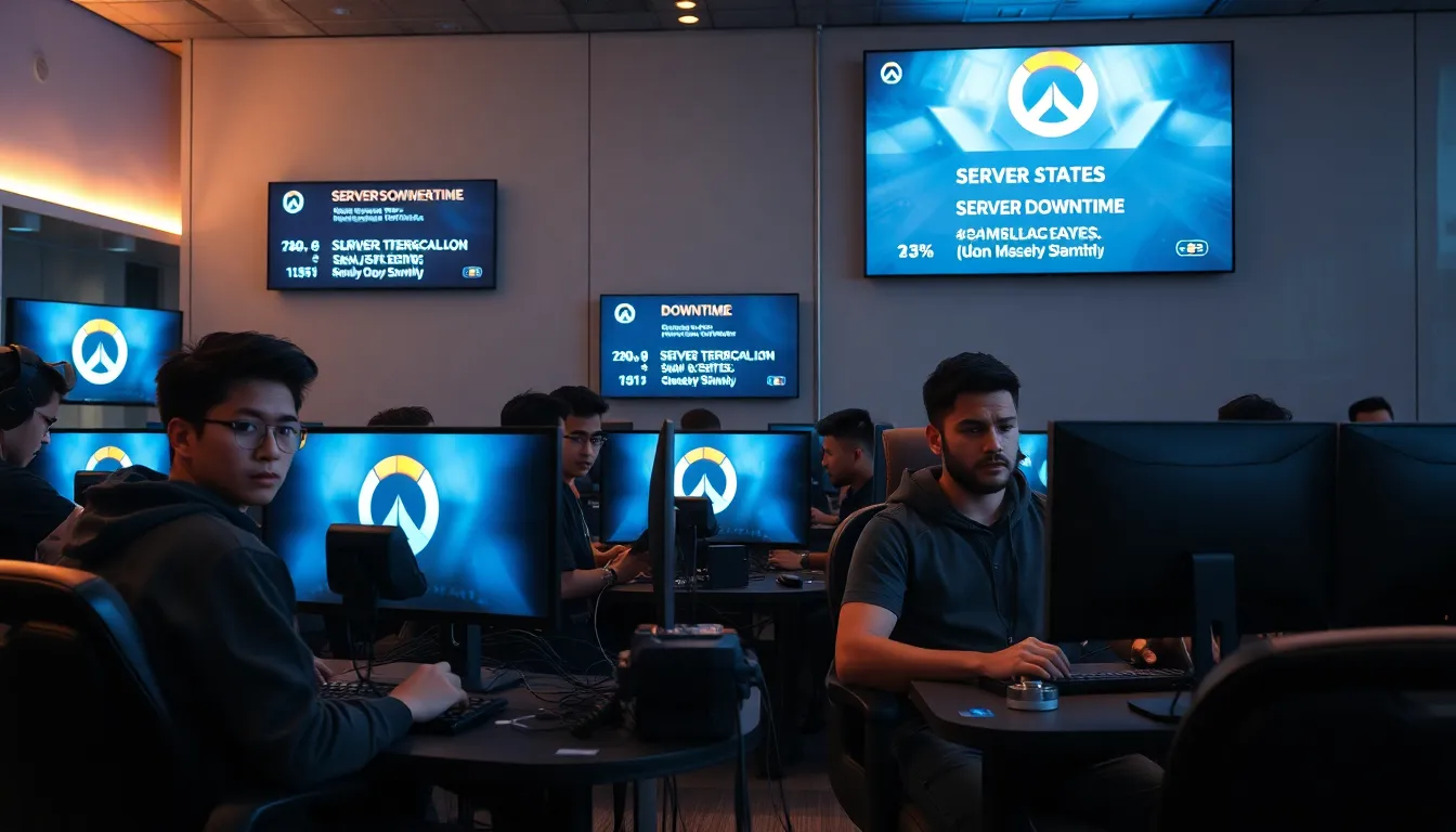 gamers in a modern lounge experiencing server downtime frustrations.