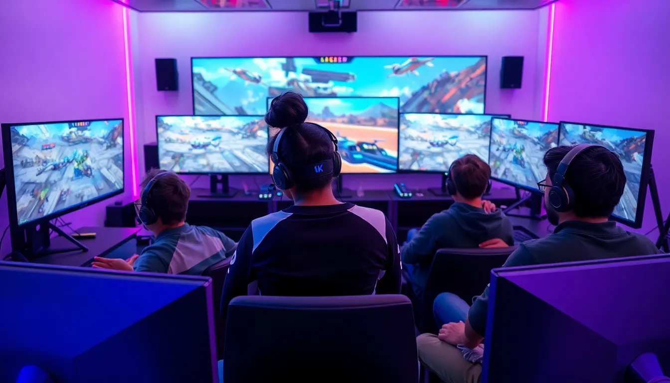 diverse gamers strategizing in a modern gaming setup.