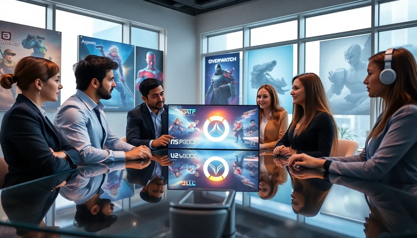 diverse team discussing Overwatch game ratings in a modern office setting.