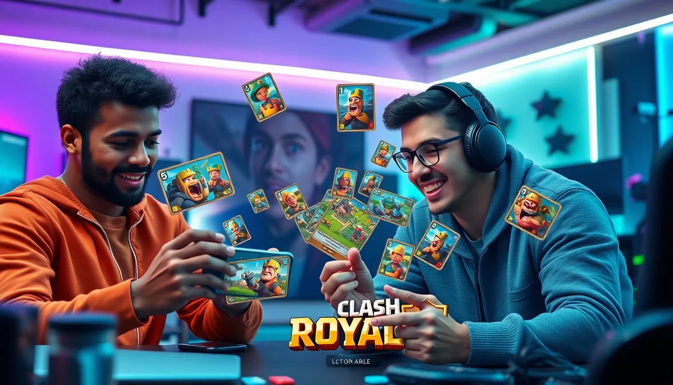 two gamers strategizing with Clash Royale cards on a smartphone.