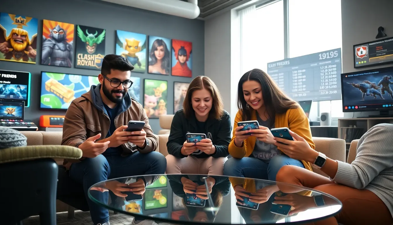 diverse group of friends playing Clash Royale together.