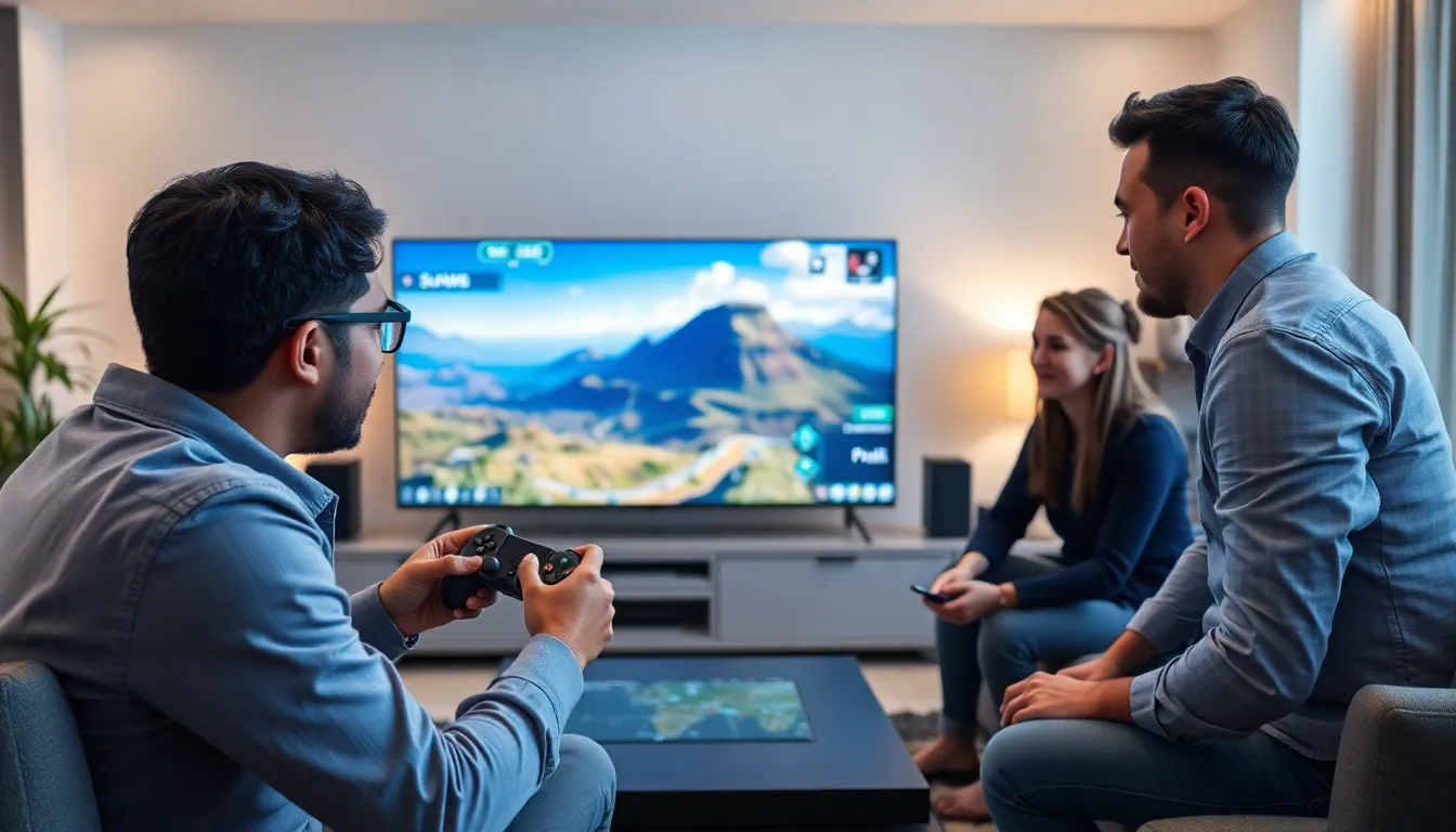 diverse group enjoying an open world game in a modern living room.