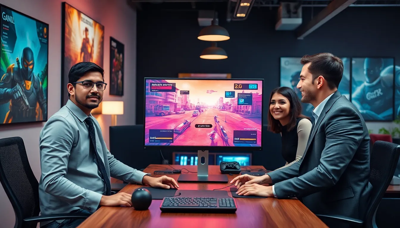 professionals discussing aimbot strategies in a modern gaming office.